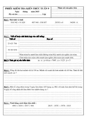 Phiếu kiểm tra kiến thức Tuần 9 Lớp 4 năm 2015 - Trường TH Tam Sơn 2